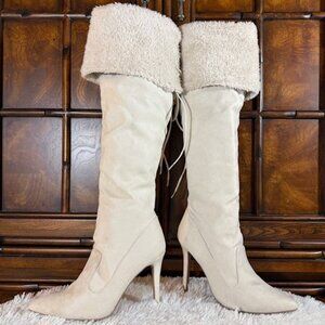 Qupid Ivory Stone Faux Suede Faux Fur Lace Up Cuff Heeled Over the Knee Boot